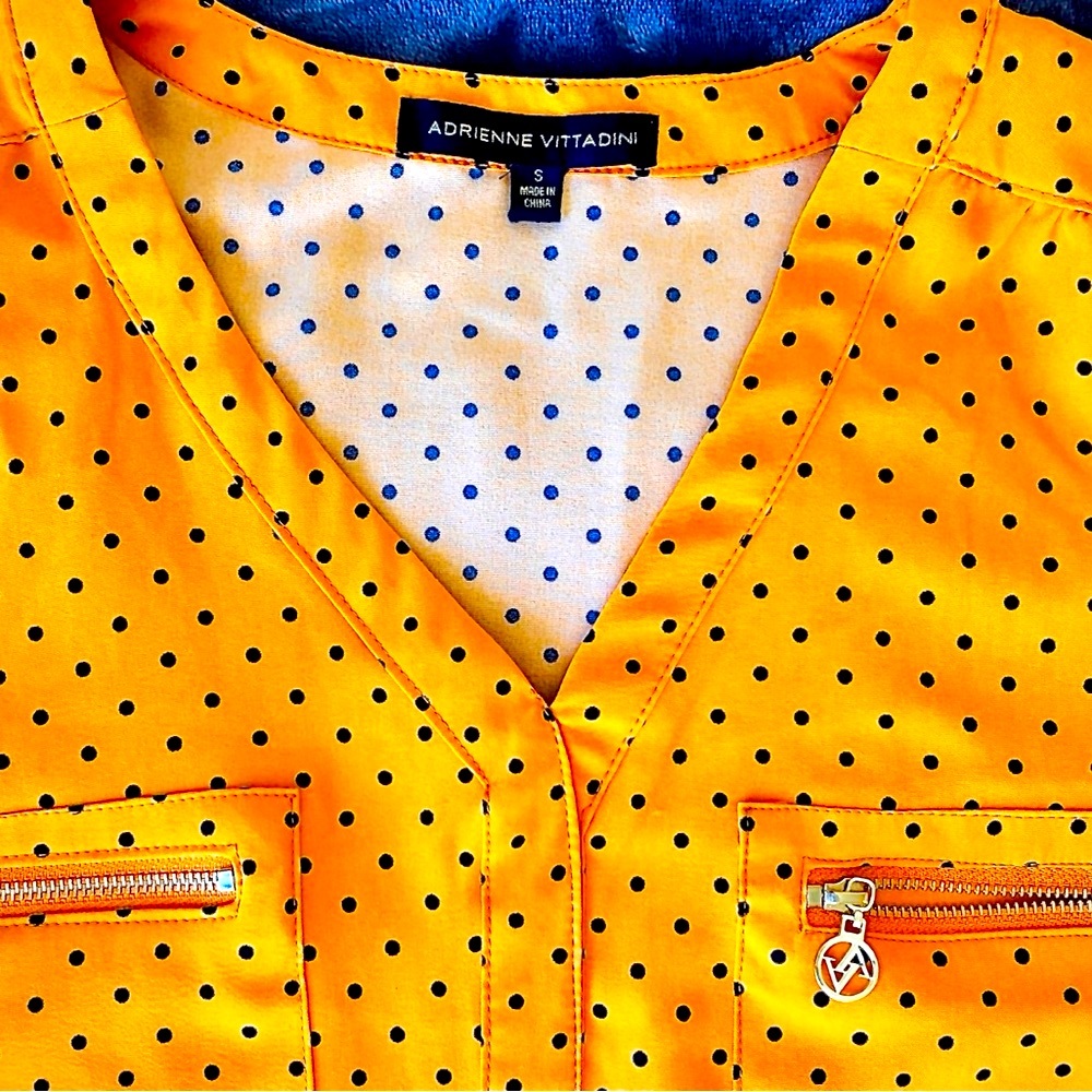 DONATED   Adrienne Vittadini Silky Polka Dot Oversize Logo-Pocket Blouse - Picture 10 of 12
